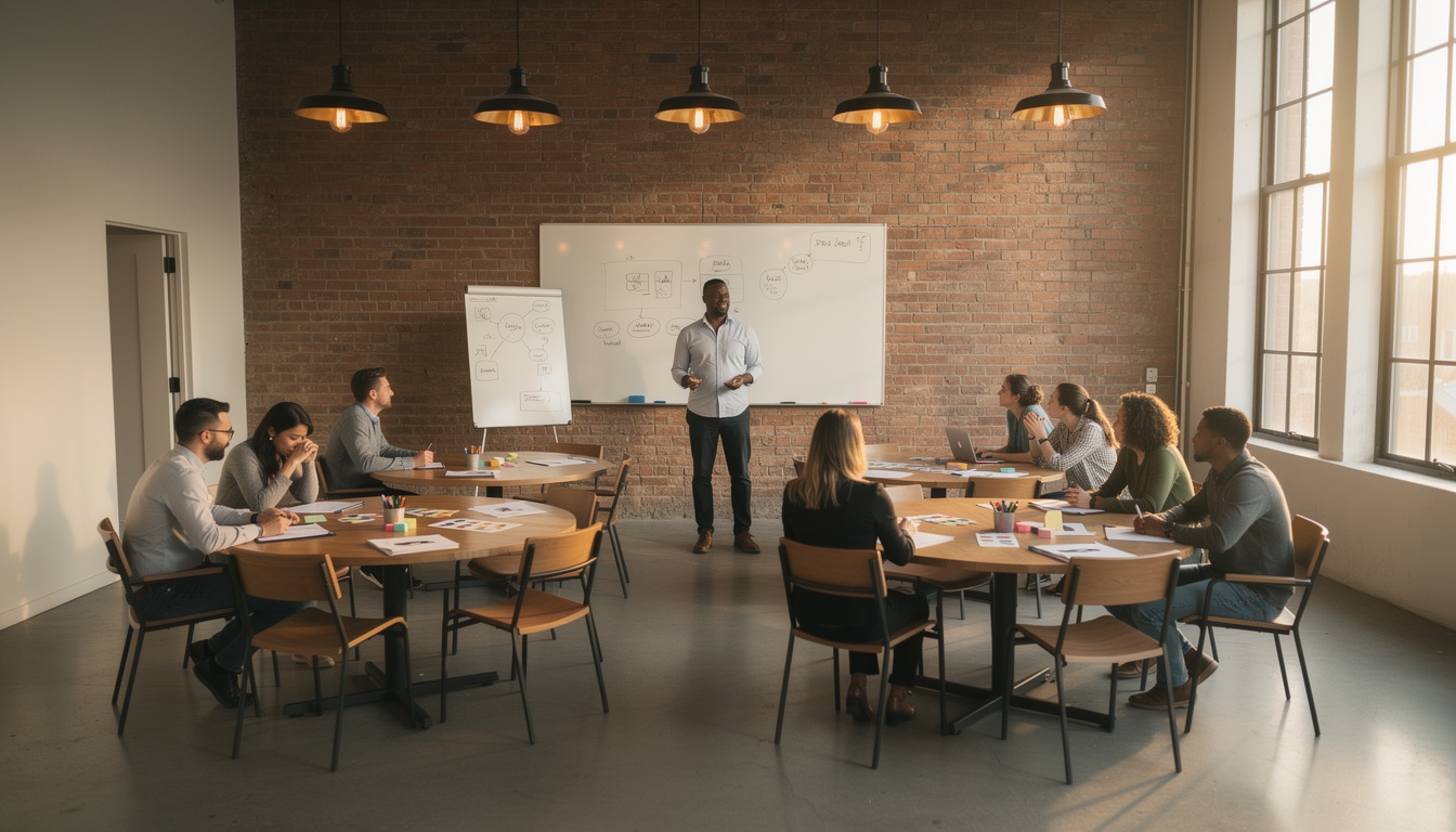 Sala de taller presencial con emprendedores trabajando en mesas